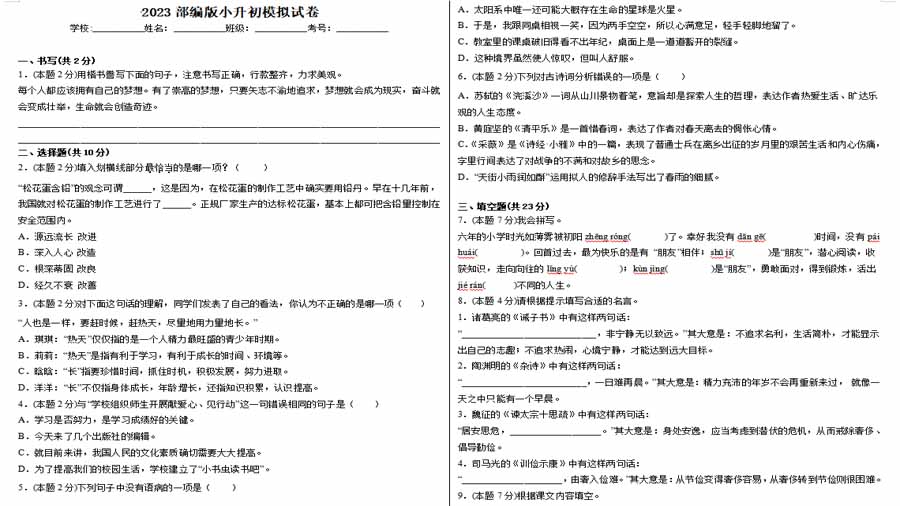 2023年小升初语文模拟试卷一（统编版）