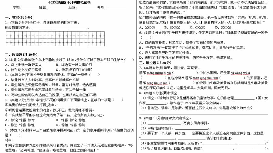 2023年小升初语文模拟试卷四（统编版）