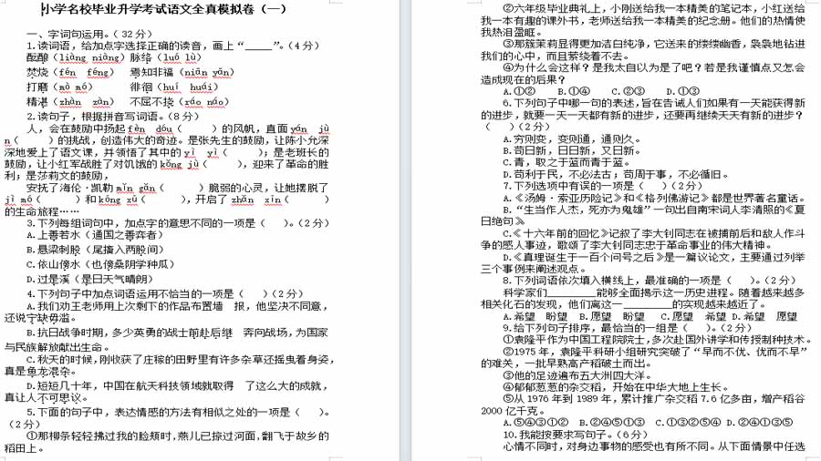 2023年小学毕业升学考试语文模拟卷（一）