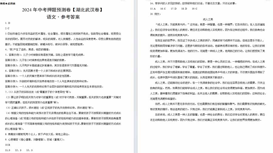 2024年中考押题预测卷（湖北武汉卷）语文（参考答案）