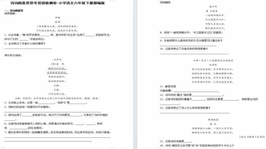 诗词曲鉴赏常考易错检测卷-2023-2024学年语文六年级下册（部编版）