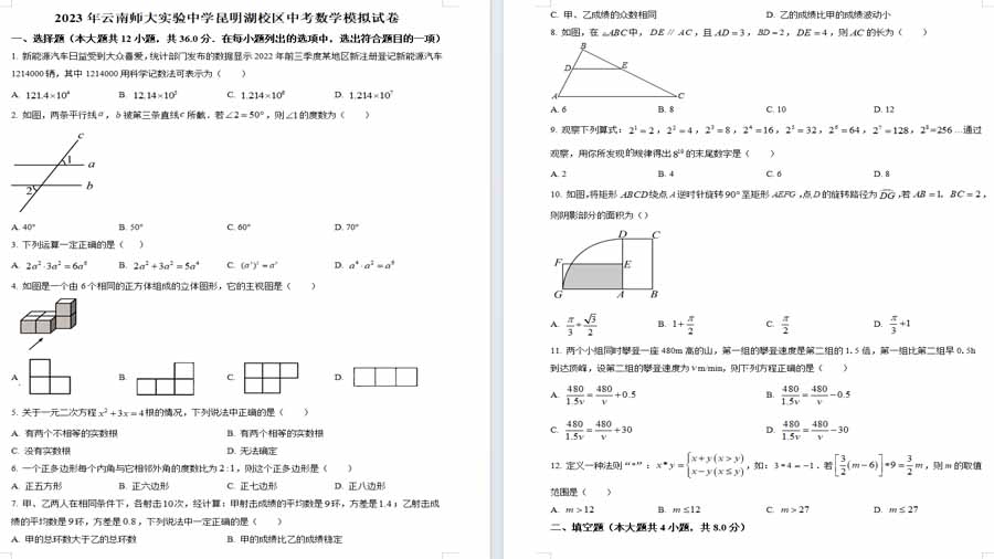 2023年云南省 昆明市 五华区云南师大实验中学昆明湖校区中考数学模拟预测题（原卷版）