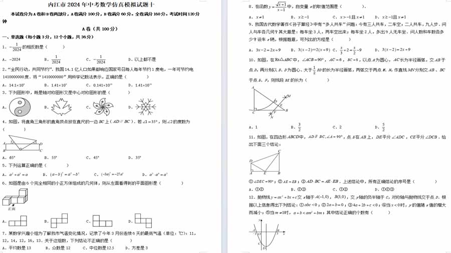 2024年中考数学仿真模拟试题十（原卷版）