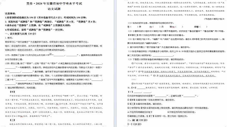 2024年安徽省中考模拟语文试卷（黑卷）（原卷版）