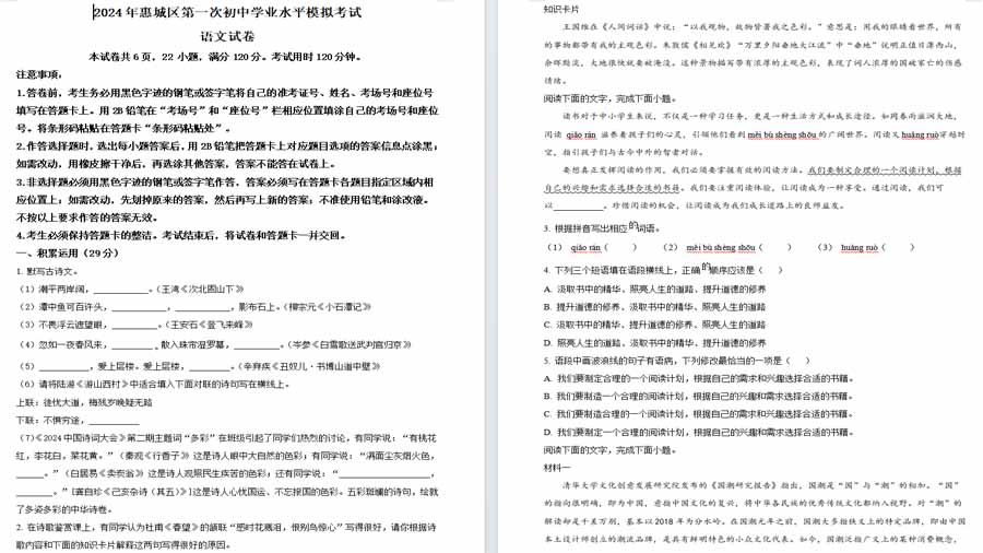 2024年广东省惠州市惠城区中考一模语文试题（原卷版）