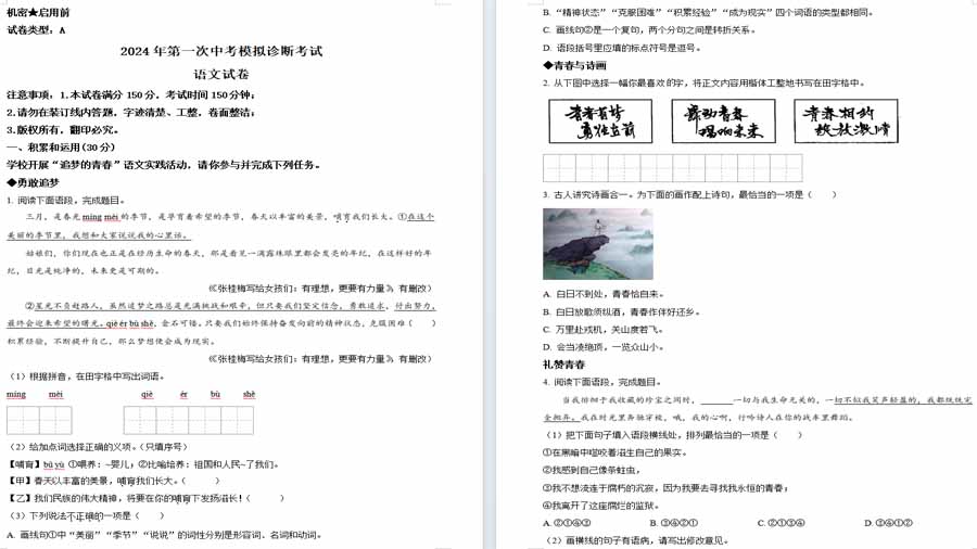 2024年甘肃省平凉市中考一模语文试题（原卷版）