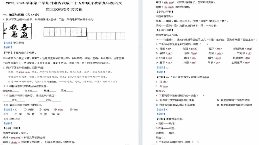 2024年甘肃省武威市凉州区武威二十五中联片教研中考三模语文试题（解析版）