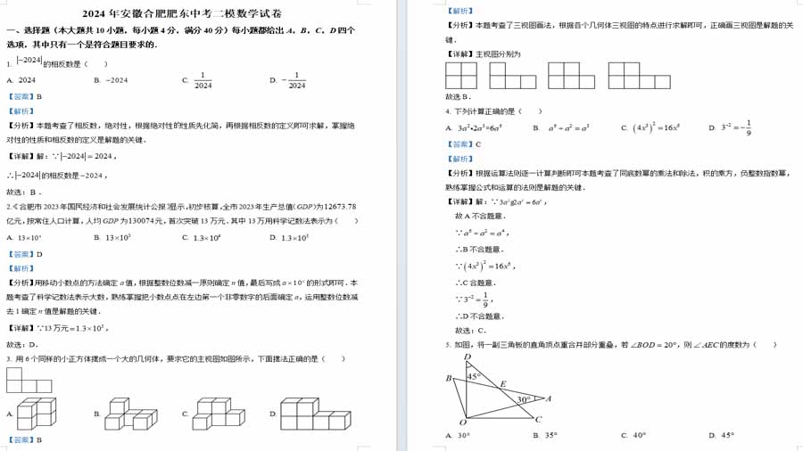 2024年安徽省合肥市肥东县中考二模数学试题（解析版）