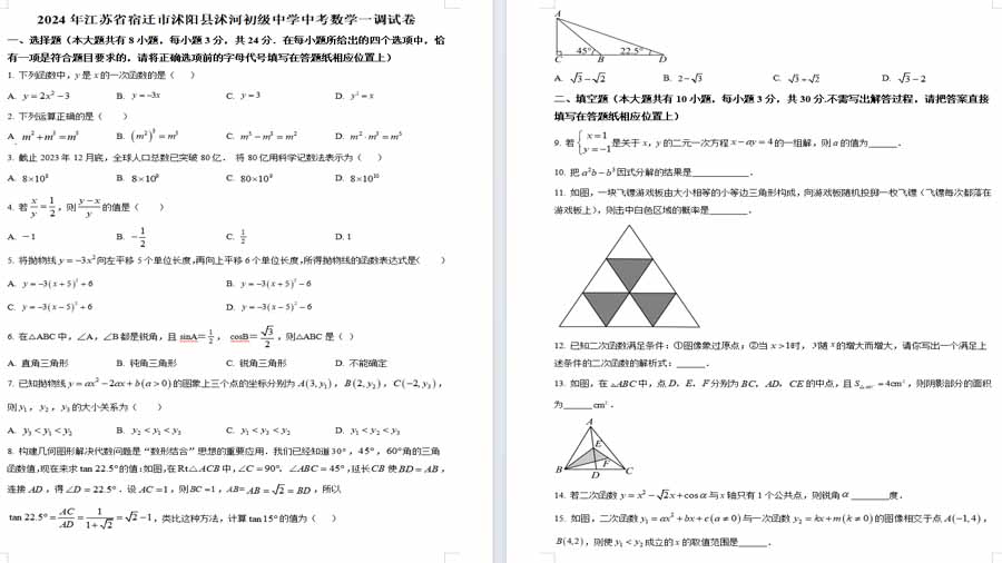 2024年江苏省宿迁市沭阳县沭河初级中学中考数学一调模拟预测题（原卷版）