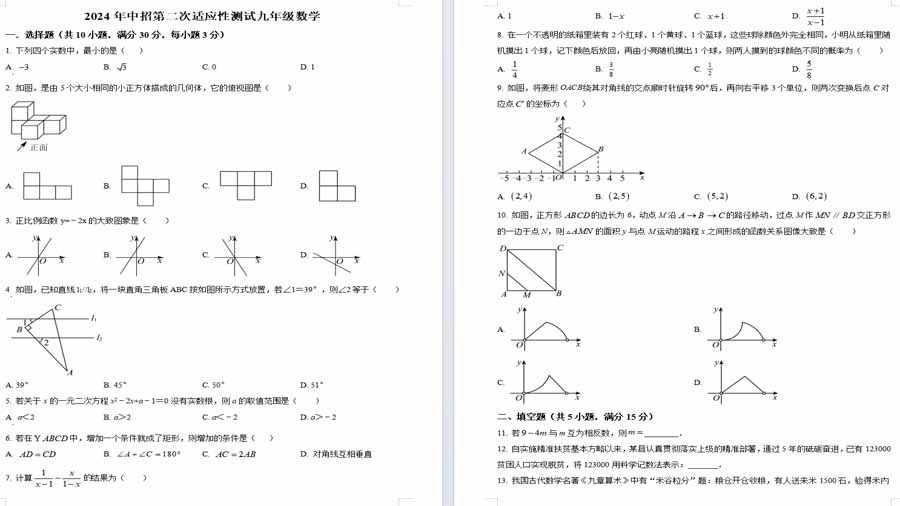 2024年河南省南阳市桐柏县二模数学试题（原卷版）