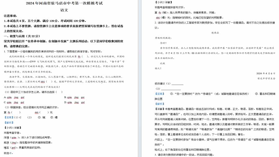 2024年河南省驻马店市中考一模语文试题（解析版）