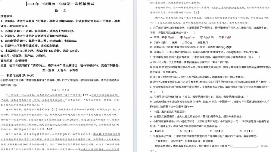 2024年湖南省长沙市30多所学校联考中考一模语文试题（原卷版）