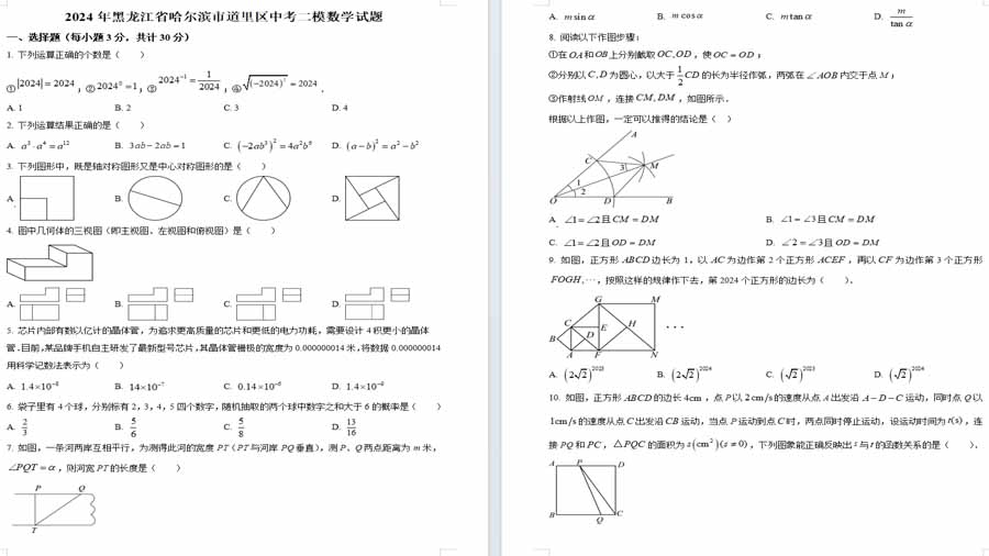 2024年黑龙江省哈尔滨市道里区中考二模数学试题（原卷版）