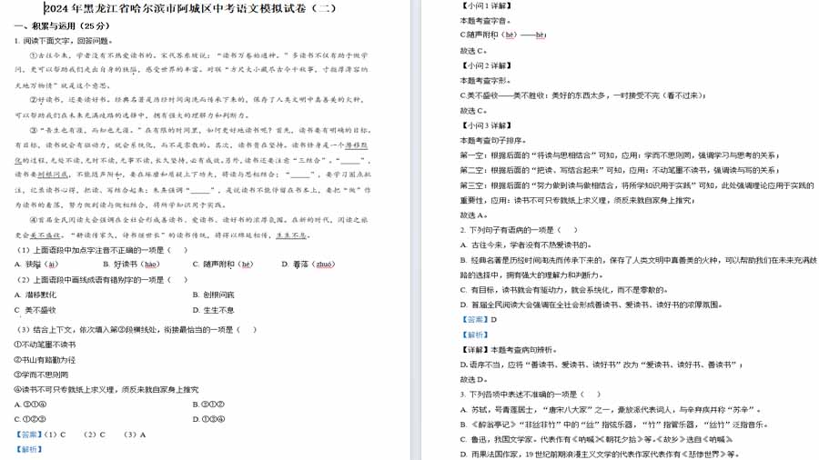 2024年黑龙江省哈尔滨市阿城区中考模拟语文试题（二）（解析版）