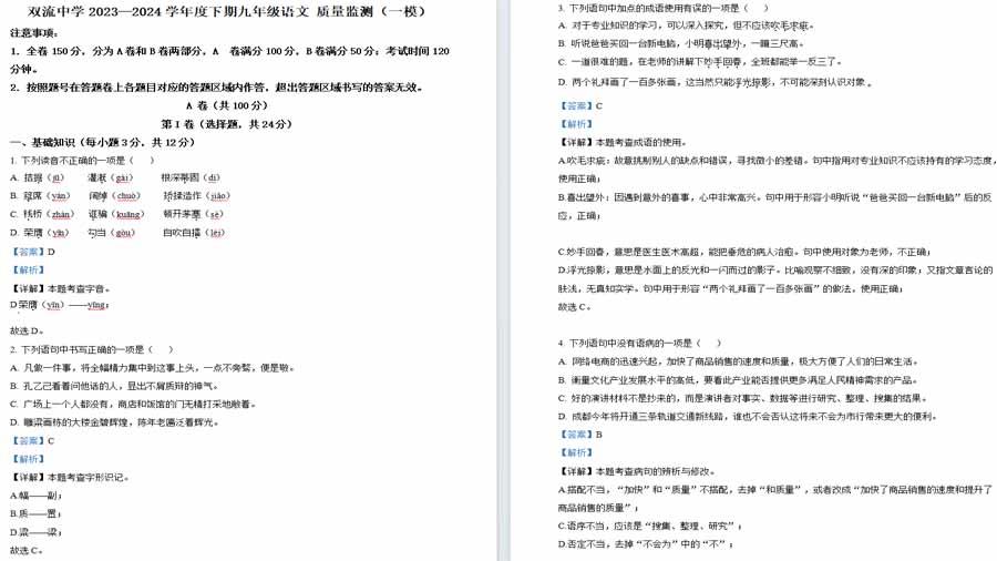 2024年四川省双流中学中考一模语文试题（解析版）