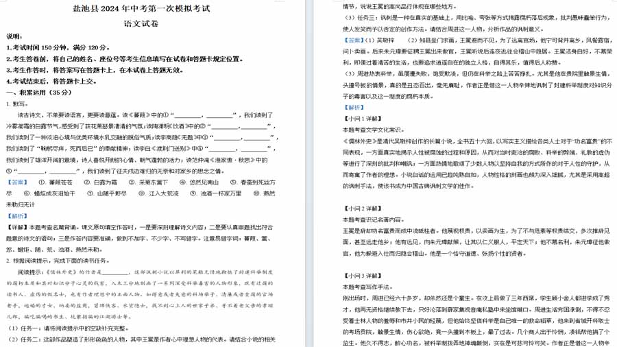 2024年宁夏吴忠市盐池县中考一模语文试题（解析版）