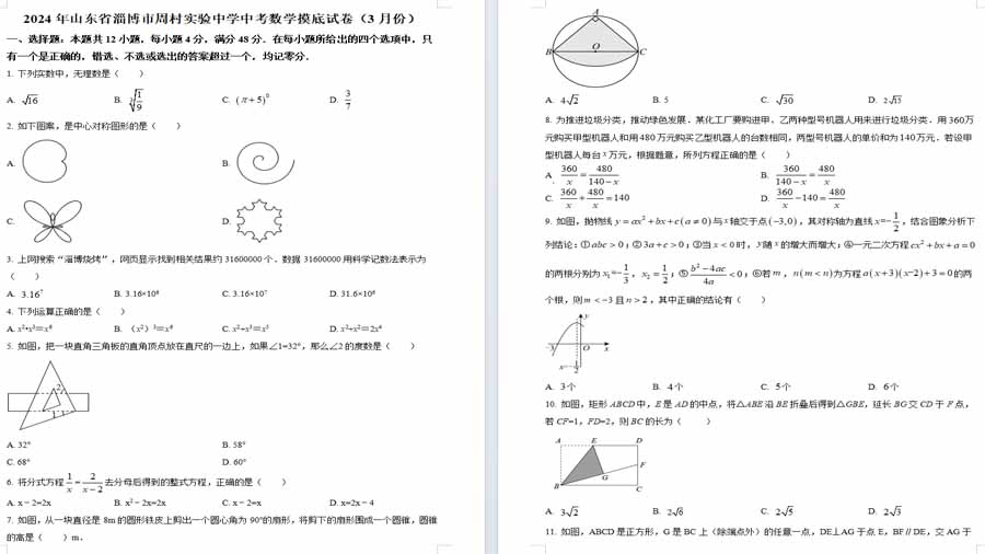 2024年山东省淄博市周村实验中学九年级中考数学模拟预测题（3月份）（原卷版）