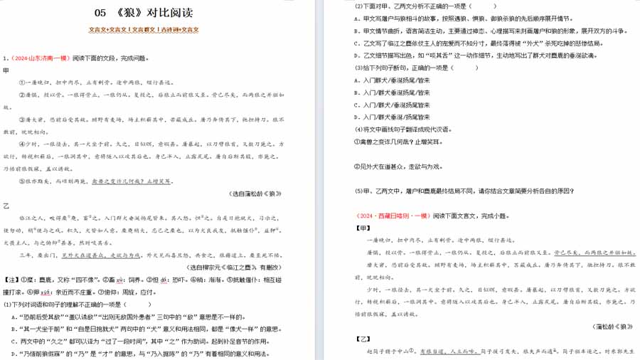 《狼》对比阅读-备战2025年中考语文之文言文对比阅读（全国通用）（原卷版）