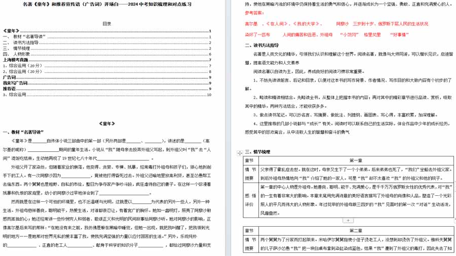 《童年》2024中考知识梳理和对点练习（解析版）