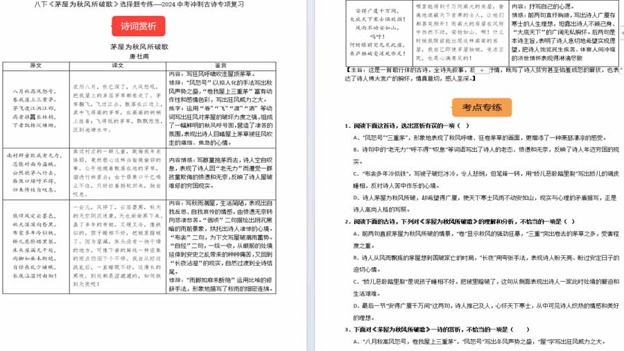 八下《茅屋为秋风所破歌》选择题专练-冲刺2024年中考（统编版六册）（原卷版）4页