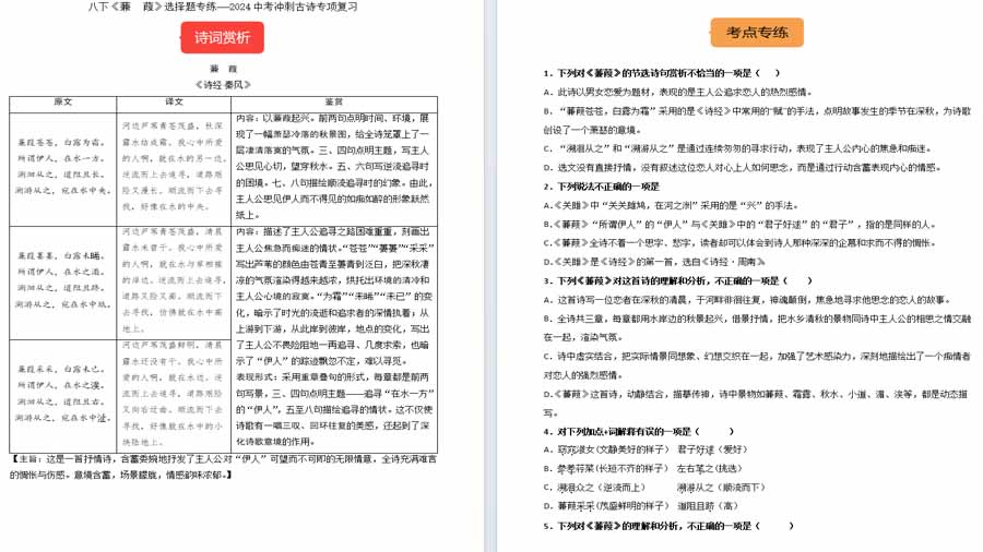 八下《蒹葭》选择题专练-冲刺2024年中考语文古代诗歌课内篇目常考题型专练（统编版六册）（原卷版）