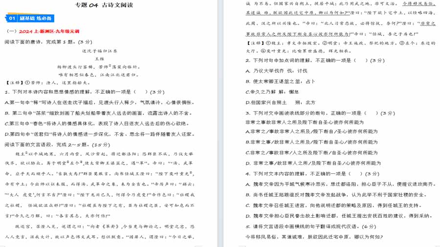 古诗文阅读-2024年中考语文一模试题分类汇编（武汉专用）原卷版