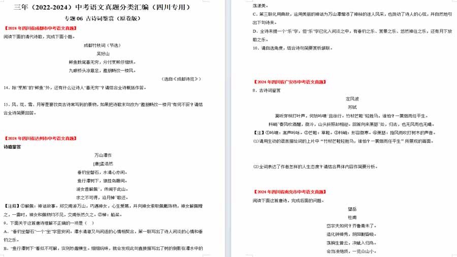 古诗词鉴赏-三年（2022-2024）中考语文真题分类汇编（原卷版）（四川专用）