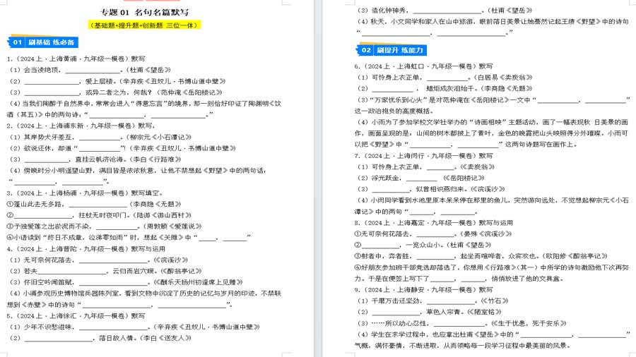 名句名篇默写（原卷版）2024年中考语文一模试题分类汇编（上海专用）