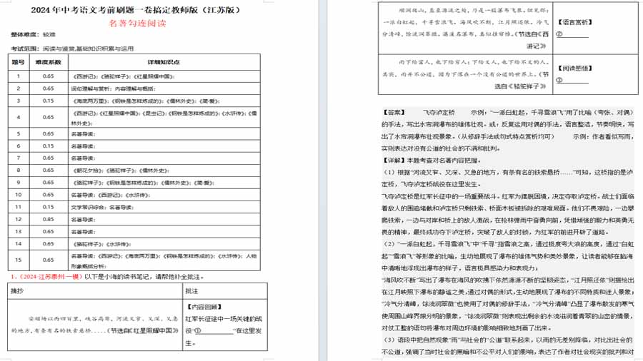 名著勾连阅读-2024年中考语文考前刷题一卷搞定教师版（江苏版）