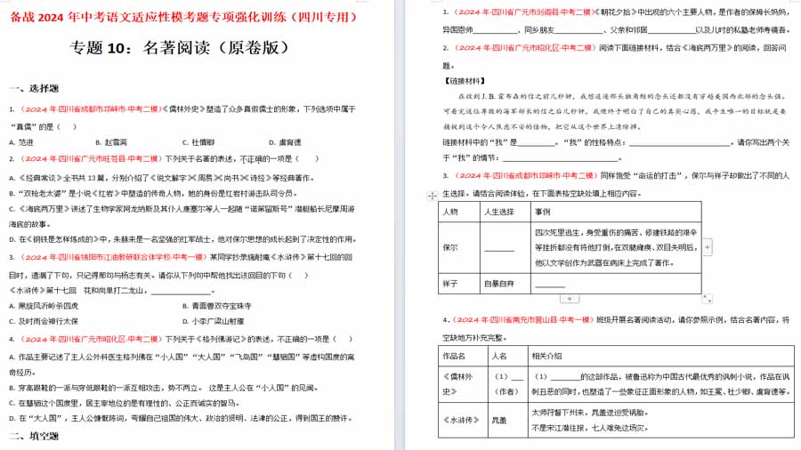 名著阅读（原卷版）备战2024年中考语文适应性模考题专项强化训练（四川专用）