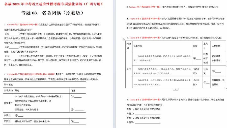 名著阅读（原卷版）备战2024年中考语文适应性模考题专项强化训练（广西专用）