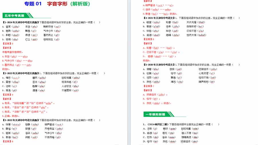 字音字形-5年（2020-2024）语文真题分类汇编（天津专用）（解析版）