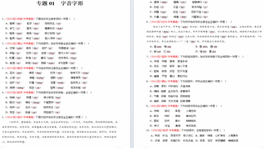 字音字形（第01期）2024年中考语文真题分类汇编（全国通用）（原卷版）