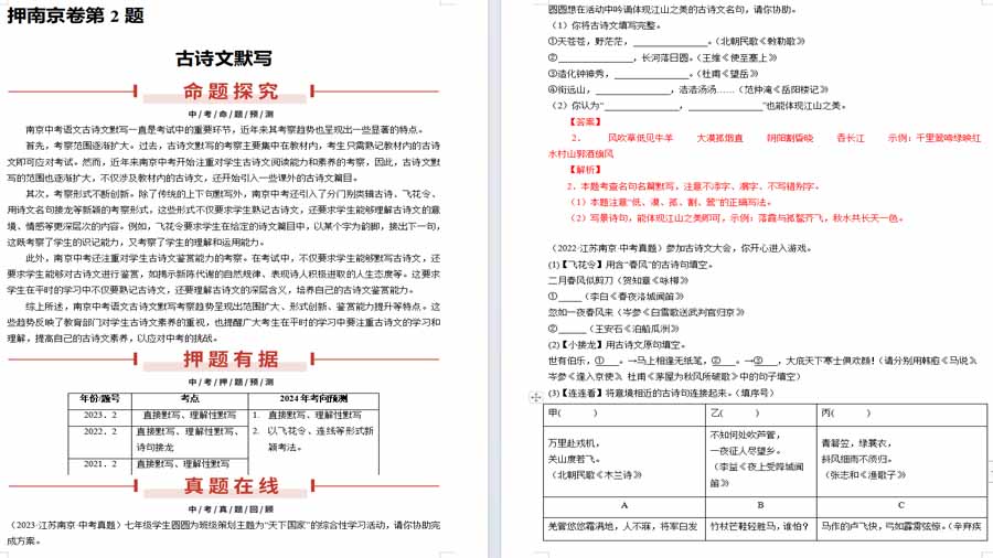 押南京卷第2题 古诗文默写-2025年中考语文备考（解析版）