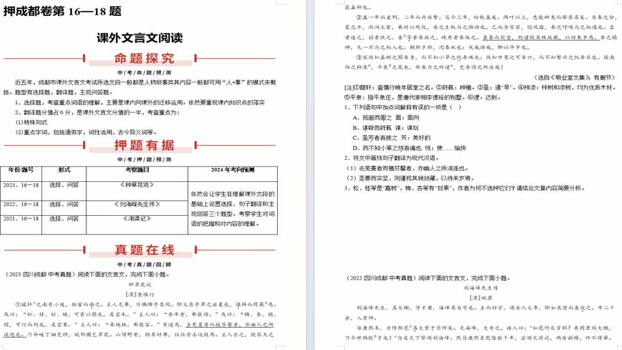 押成都卷第16—18题 课外文言文阅读-2025年中考语文备考（原卷版）