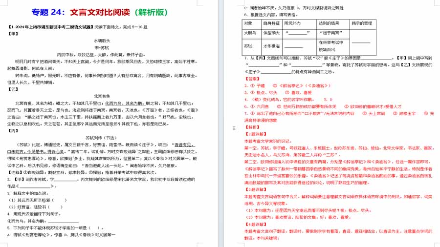 文言文对比阅读-2024年中考语文三模试题分类汇编（全国通用）（解析版）