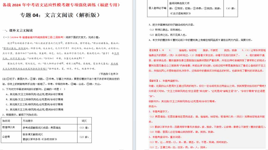 文言文阅读（解析版）备战2024年中考语文（福建专用）