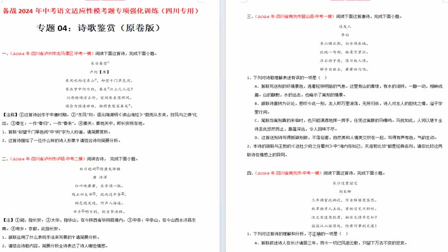诗歌鉴赏（原卷版）备战2024年中考语文适应性模考题专项强化训练（四川专用）