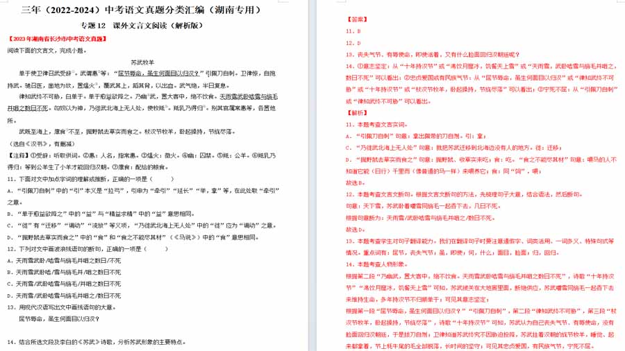 课外文言文阅读-三年（2022-2024）中考语文真题分类汇编（解析版）（湖南专用）