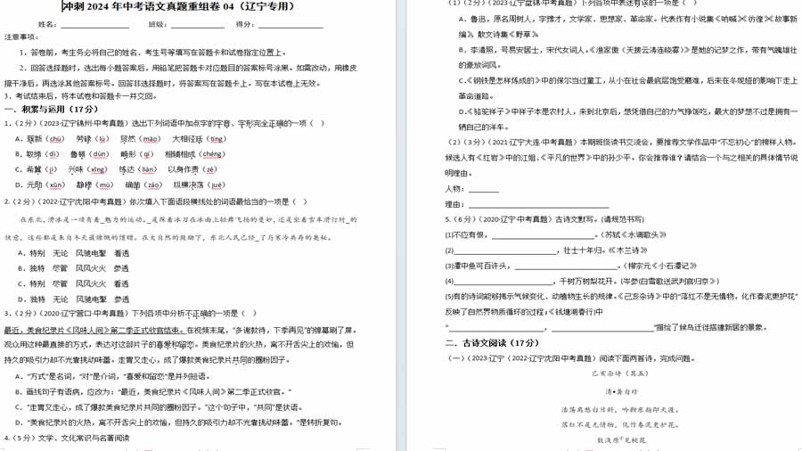2024年语文中考真题重组卷04（辽宁专用）
